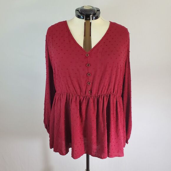 Bloomchic Blouse Women's 3X Burgundy Long Sleeve Button Detail Fabric Dots NWT - Picture 8 of 8